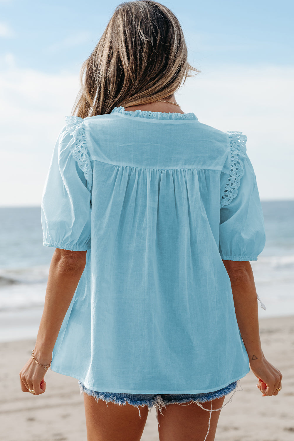 Embroidered Lace Tie Neck Puff Short Sleeve Blouse (2 colors)