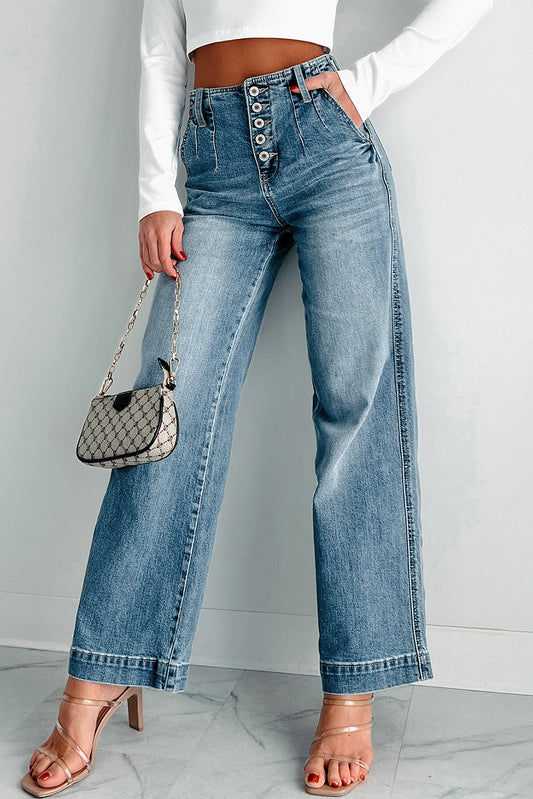 Button Front Medium Wash Straight Loose Leg Jeans
