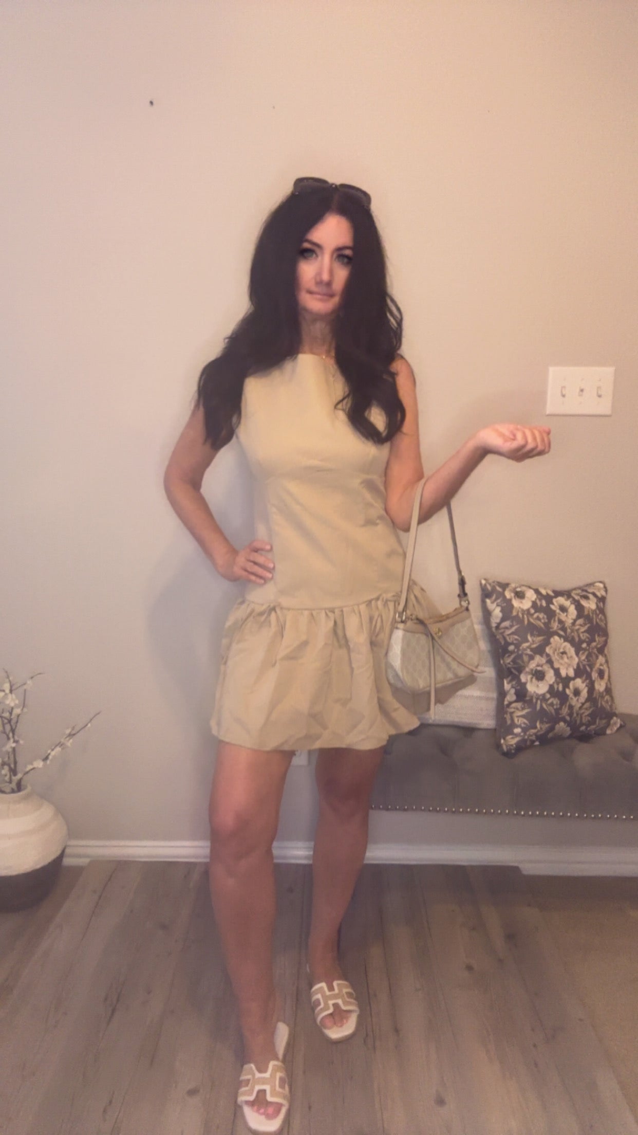 Khaki Sleeveless Mini Dress with flair skirt