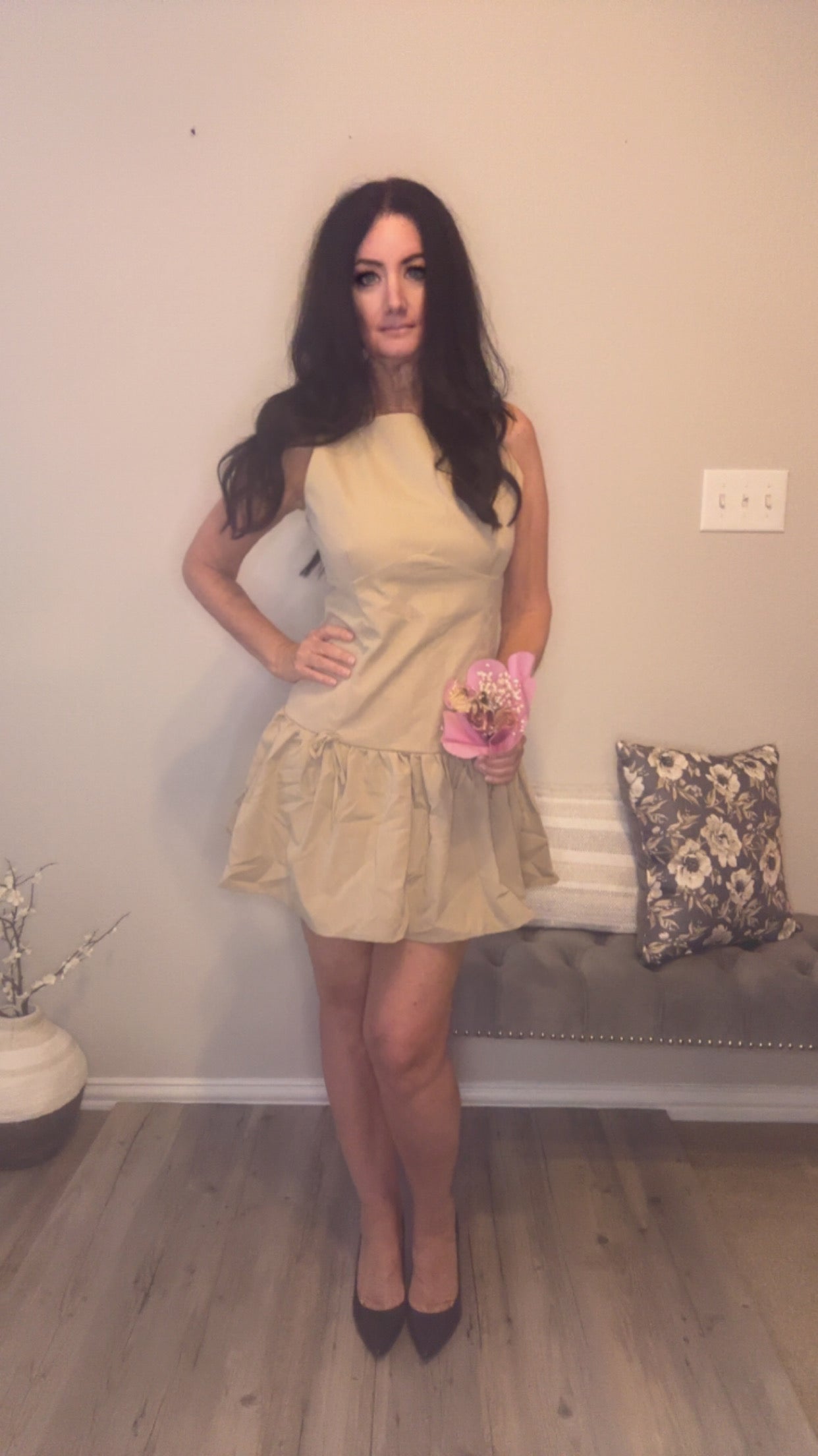 Khaki Sleeveless Mini Dress with flair skirt