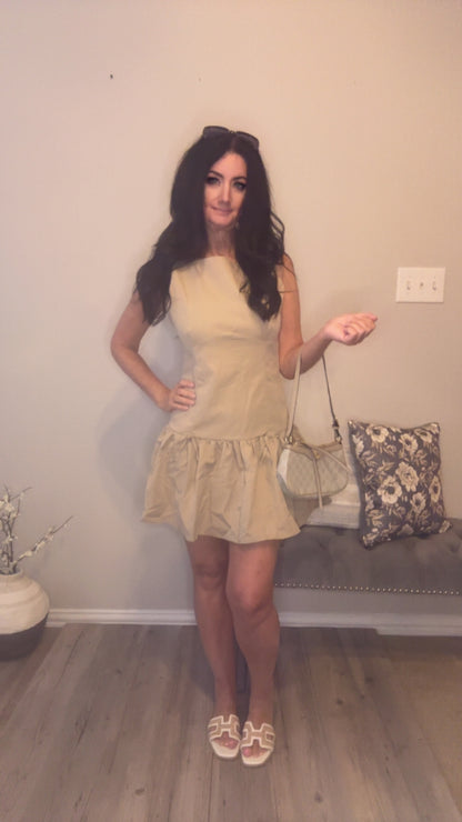 Khaki Sleeveless Mini Dress with flair skirt