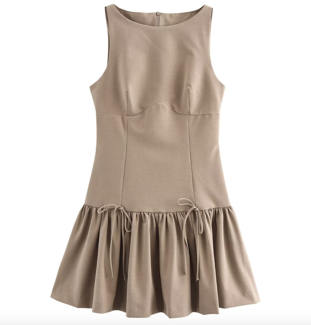 Khaki Sleeveless Mini Dress with flair skirt