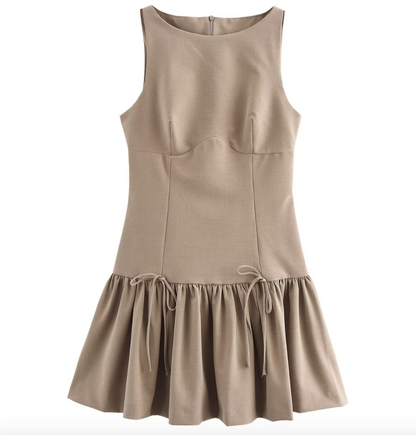 Khaki Sleeveless Mini Dress with flair skirt