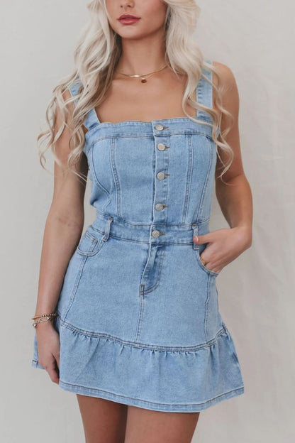 Ruffled Hem Button Front Square Neck Denim Dress