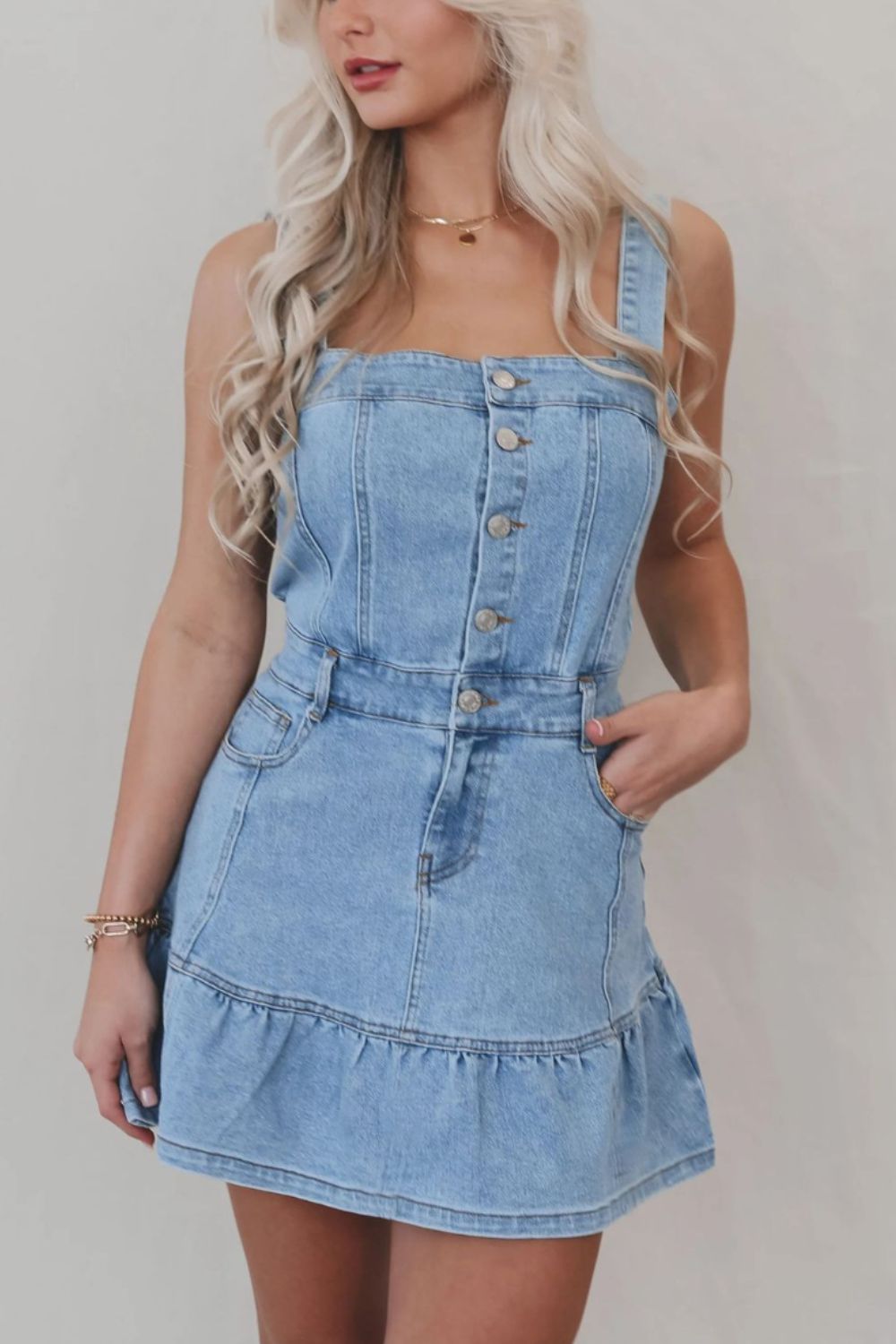 Ruffled Hem Button Front Square Neck Denim Dress
