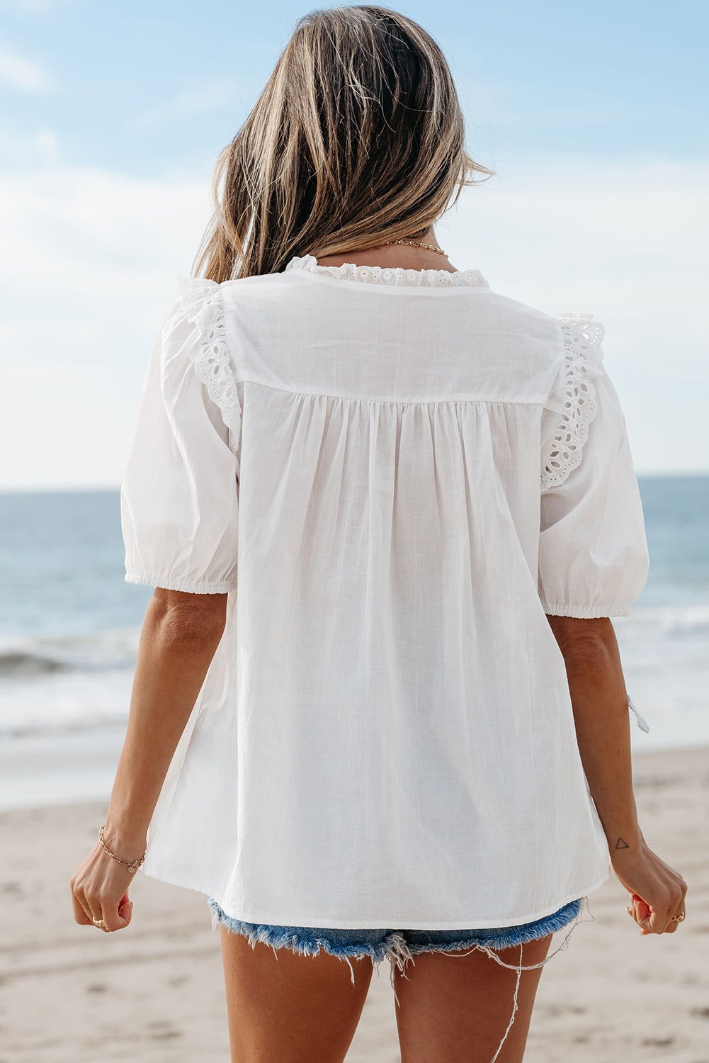 Embroidered Lace Tie Neck Puff Short Sleeve Blouse (2 colors)