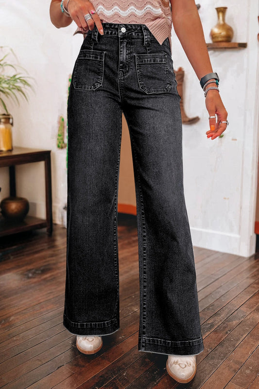 Black Wide Leg Pocketed High Waist Jeans (2 colors)