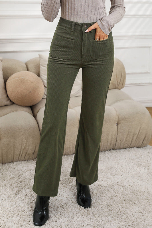Green High Waist Square Pockets Corduroy Pants (2 colors)